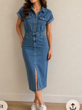 Given Kale Cottagecore Denim Midi Shirt Dress with Front Slit - Blue